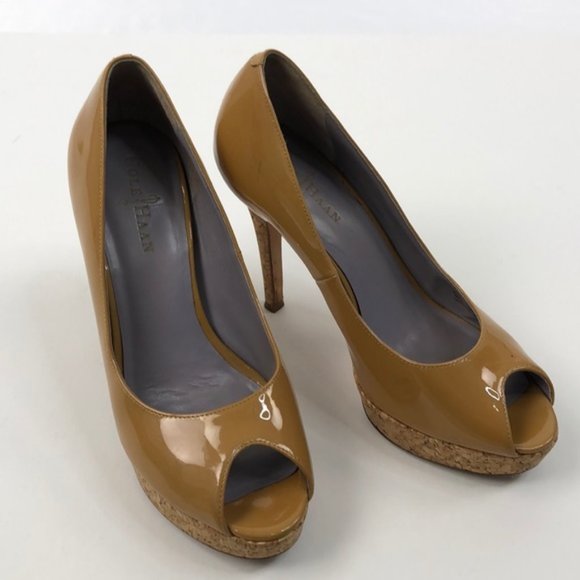 Cole Haan Shoes - Cole Haan Peep Toe Mustard Cork Platform Heels